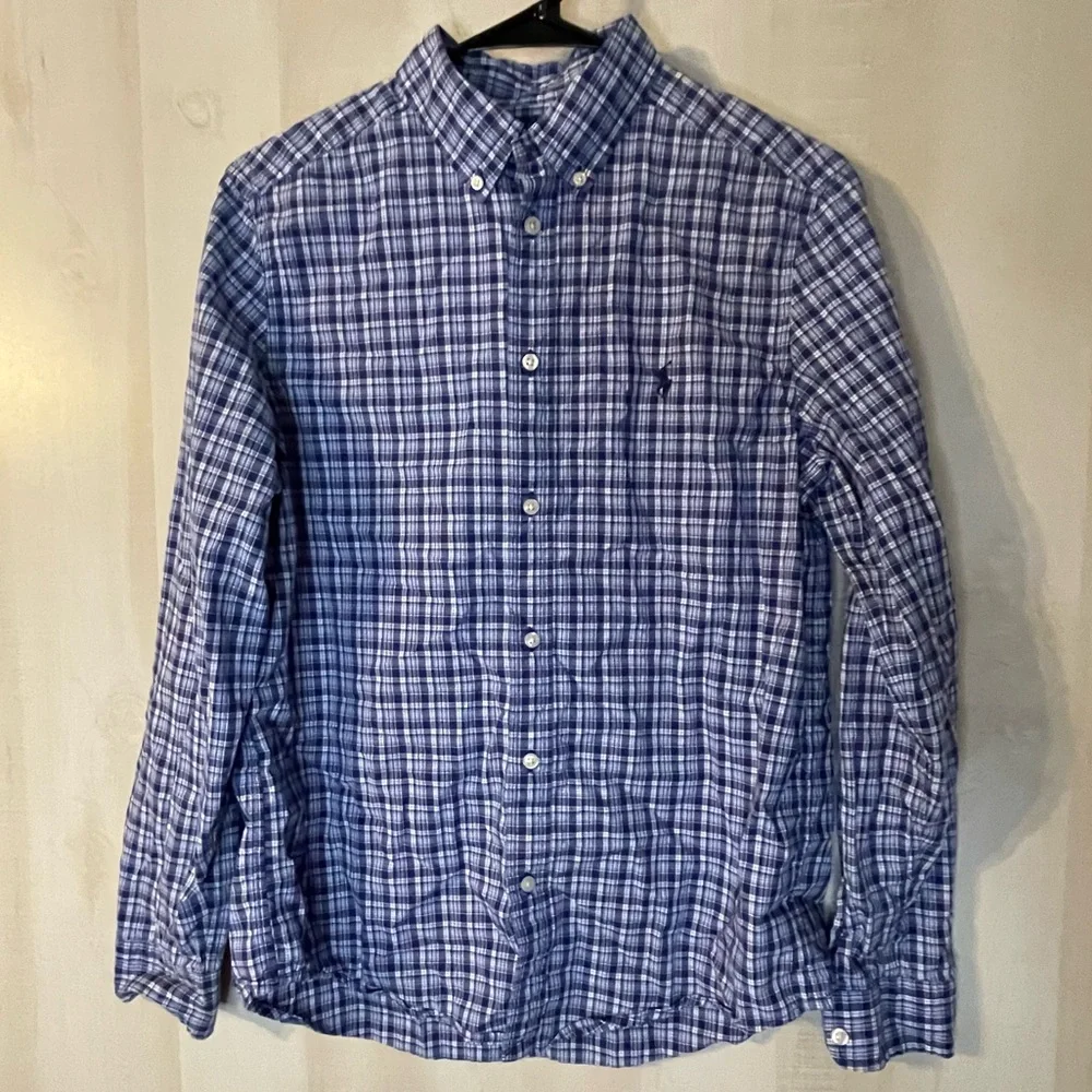Ralph Lauren blue white plaid long sleeve button front shirt size XL Youth 18/20